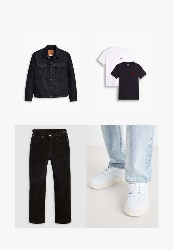 Jacketa din denim negru cu un design clasic cu guler, închidere frontală cu butoane, două buzunare pe piept, cusături detaliate și o etichetă de marcă din piele.; Două tricouri cu mânecă scurtă: unul alb și unul negru. Ambele sunt din bumbac cu un logo roșu Levi's pe piept. Design simplu cu guler rotund.; Pantaloni din fustă neagră cu picioare drepte, cu buton frontal, fermoar, bucle pentru curea și un design cu cinci buzunare pe un fundal deschis.; Sneakers albe din piele, cu partea superioară joasă, vârful perforat, șireturi plate și un design minimalist. Combinat cu blugi din denim albastru deschis.