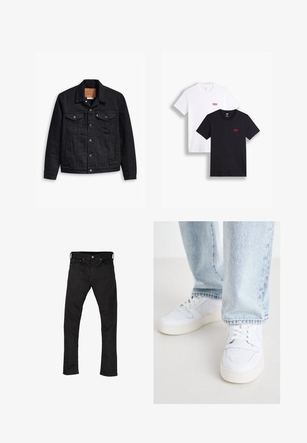 Juodas džinsinis švarkas su klasikinio trajektorijos dizainu, priekyje susagstomas, dviem krūtinės kišenėmis, detaliais siuvinėjimais ir odiniu prekės ženklu.; Du mieli trumpi rankoviai marškiniai: vieni balti, kiti juodi. Abu pagaminti iš medvilnės, su raudona Levi's logotipu ant krūtinės. Paprastas apvalaus kaklo dizainas.; Juodos džinsai su tiesiu kirpimu, penkių kišenių stiliumi ir metaliniu sagčių uždarymu. Lygus audinio paviršius ir vienoda spalva visame paviršiuje.; Balti odiniai žemi modeliai kedai su perforuota nosimi, plokščiomis raištelėmis ir minimalistiniu dizainu. Suderinti su šviesiai mėlynomis džinsinėmis kelnėmis.