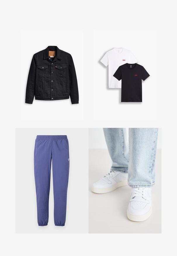 Svart denimjacka med klassisk krage, knappstängning fram, två bröstfickor, detaljerad sömnad och en läderlogg.; Två kortärmade t-shirts: en vit och en svart. Båda är tillverkade av bomull med en röd Levi's-logotyp på bröstet. Enkel design med rund hals.; Lila vindjackbyxor med elastisk midja, avsmalnande ben, elastiska ärmslut och en sidoficka med en liten logodetalj.; Vita lädersneakers i låg modell med perforerat tåparti, platta snörningar och minimalistisk design. I kombination med ljusblå denimjeans.