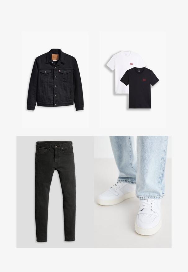 Čierna denimová bunda s klasickým golierom, predným zapínaním na gombíky, dvoma náprsníkovými vreckami, detailným prešívaním a koženou značkovou nášivkou.; Dvoje tričiek s krátkymi rukávmi: jedny biele a jedny čierne. Obe z bavlny s červeným logom Levi's na hrudi. Jednoduchý dizajn s okrúhlym výstrihom.; Úzke čierne džínsy z denimu s matným povrchom, piatimi vreckami a klasickým zapínaním na gombík a zips.; Biele kožené nízke tenisky s perforovanou špičkou, plochými šnúrkami a minimalistickým dizajnom. Skombinované s svetlomodrými džínsami.