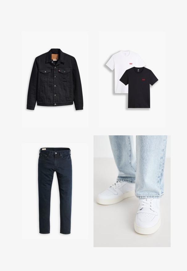 Černá džínová bunda s klasickým límečkovým designem, zapínáním na knoflíky vpředu, dvěma náprsními kapsami, podrobným prošíváním a koženou značkovou nášivkou.; Dvé trička s krátkým rukávem: jedno bílé a jedno černé. Obě vyrobená z bavlny s červeným logem Levi's na hrudi. Jednoduchý design s kulatým výstřihem.; Tmavě modré džíny z denimu s rovnýmpřestřihem, klasickým pěti-kapsovým designem a kovovým zapínáním. Mají jemné prošívání a měkkou texturu.; Bílé kožené tenisky nízkého střihu s perforovaným špičkou, plochými tkaničkami a minimalistickým designem. Spárovány s světle modrými denimovými džíny.