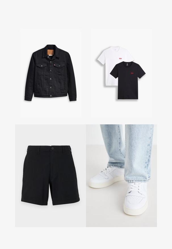 Μαύρο τζάκετ από τζιν με κλασικό σχέδιο γιακά, κλείσιμο με κουμπιά στο μπροστινό μέρος, δύο θήκες στο στήθος, λεπτομερής ραφή και ένα δερμάτινο λογότυπο.; Δύο κοντομάνικες μπλούζες: μία λευκή και μία μαύρη. Και οι δύο είναι φτιαγμένες από βαμβάκι με ένα κόκκινο λογότυπο της Levi's στο στήθος. Απλός σχεδιασμός με στρογγυλή λαιμόκοψη.; Μαύρες βαμβακερές βερμούδες με κλείσιμο κουμπιού, πλαϊνές τσέπες και ίσια σχεδίαση. Το ύφασμα έχει λεία υφή και απλή φινέτσα.; Λευκά δερμάτινα αθλητικά παπούτσια χαμηλού τύπου με τρυπητή μύτη, επίπεδες κορδόνια και μινιμαλιστικό σχέδιο. Συνδυάζονται με ανοιχτό μπλε τζην.