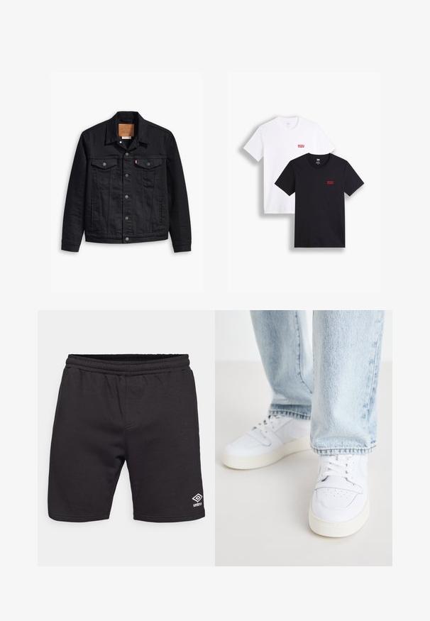 Black denim jacket with a classic collared design, button front closure, two chest pockets, detailed stitching, and a leather brand patch.; Two short-sleeve t-shirts: one white and one black. Both made of cotton with a red Levi's logo on the chest. Simple crew-neck design.; Black athletic shorts made from soft fabric, featuring an elastic waistband and a small white logo on the lower left leg.; White leather low-top sneakers with perforated toe, flat laces, and minimalistic design. Paired with light blue denim jeans.