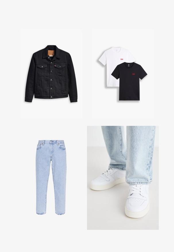 Black denim jacket with a classic collared design, button front closure, two chest pockets, detailed stitching, and a leather brand patch.; Two short-sleeve t-shirts: one white and one black. Both made of cotton with a red Levi's logo on the chest. Simple crew-neck design.; Levi's® STAY LOOSE TAPER CROP - Relaxed fit jeans - royal stonewash; White leather low-top sneakers with perforated toe, flat laces, and minimalistic design. Paired with light blue denim jeans.