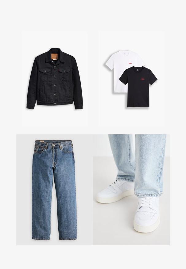 Svart denimjakke med klassisk krage-design, knappelukking foran, to brystlommer, detaljerte sting og et lærmerke.; To korte ermesskjorter: en hvit og en svart. Begge laget av bomull med en rød Levi's-logo på brystet. Enkel rund hals-design.; Blå denim jeans med rett snitt, med høy midje, kobbernitter og oransje sømmer. For- og baklommer inkludert.; Hvite lær lave sneakers med perforert tå, flate lisser og minimalistisk design. Kombinert med lyseblå denimjeans.