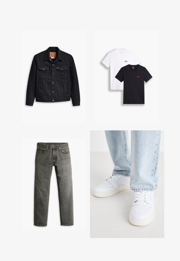 Μαύρο τζάκετ από τζιν με κλασικό σχέδιο γιακά, κλείσιμο με κουμπιά στο μπροστινό μέρος, δύο θήκες στο στήθος, λεπτομερής ραφή και ένα δερμάτινο λογότυπο.; Δύο κοντομάνικες μπλούζες: μία λευκή και μία μαύρη. Και οι δύο είναι φτιαγμένες από βαμβάκι με ένα κόκκινο λογότυπο της Levi's στο στήθος. Απλός σχεδιασμός με στρογγυλή λαιμόκοψη.; Γκρι τζιν παντελόνι με ίσια γραμμή, κλασικό στιλ πέντε τσεπών και διακριτές λεπτομέρειες ραφής στις ραφές και τις τσέπες.; Λευκά δερμάτινα αθλητικά παπούτσια χαμηλού τύπου με τρυπητή μύτη, επίπεδες κορδόνια και μινιμαλιστικό σχέδιο. Συνδυάζονται με ανοιχτό μπλε τζην.