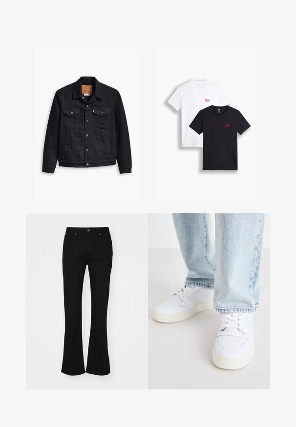Svart denimjacka med klassisk krage, knappstängning fram, två bröstfickor, detaljerad sömnad och en läderlogg.; Två kortärmade t-shirts: en vit och en svart. Båda är tillverkade av bomull med en röd Levi's-logotyp på bröstet. Enkel design med rund hals.; Svarta högmidjade utsvängda jeans med framknapp och femficksdesign, visade mot en vit bakgrund.; Vita lädersneakers i låg modell med perforerat tåparti, platta snörningar och minimalistisk design. I kombination med ljusblå denimjeans.