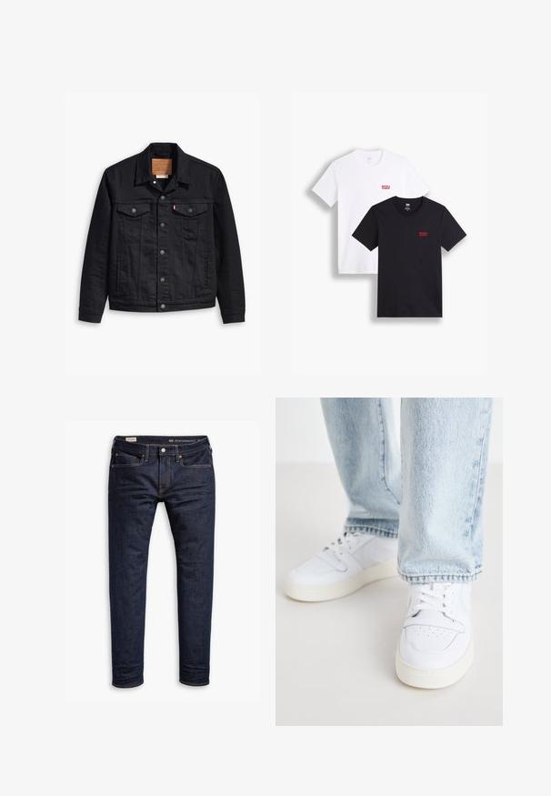 Svart denimjakke med klassisk krage-design, knappelukking foran, to brystlommer, detaljerte sting og et lærmerke.; To korte ermesskjorter: en hvit og en svart. Begge laget av bomull med en rød Levi's-logo på brystet. Enkel rund hals-design.; Mørkeblå denimjeans med slim fit, med oransje søm, fem lommers design og metallhardware. Glatt tekstur, ingen mønstre.; Hvite lær lave sneakers med perforert tå, flate lisser og minimalistisk design. Kombinert med lyseblå denimjeans.