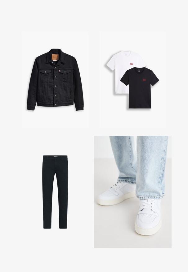 Veste en denim noir avec un design classique à col, fermeture à boutons sur le devant, deux poches poitrine, couture détaillée et une étiquette de marque en cuir.; Deux t-shirts à manches courtes : un blanc et un noir. Tous deux en coton avec un logo rouge de Levi's sur la poitrine. Design simple à col rond.; Pantalon en coton noir avec une coupe slim, dotée d'une fermeture par bouton et zip, de cinq poches et d'une texture lisse. Design uni sans motifs.; Baskets basses en cuir blanc avec un bout perforé, des lacets plats et un design minimaliste. Associées à un jean en denim bleu clair.