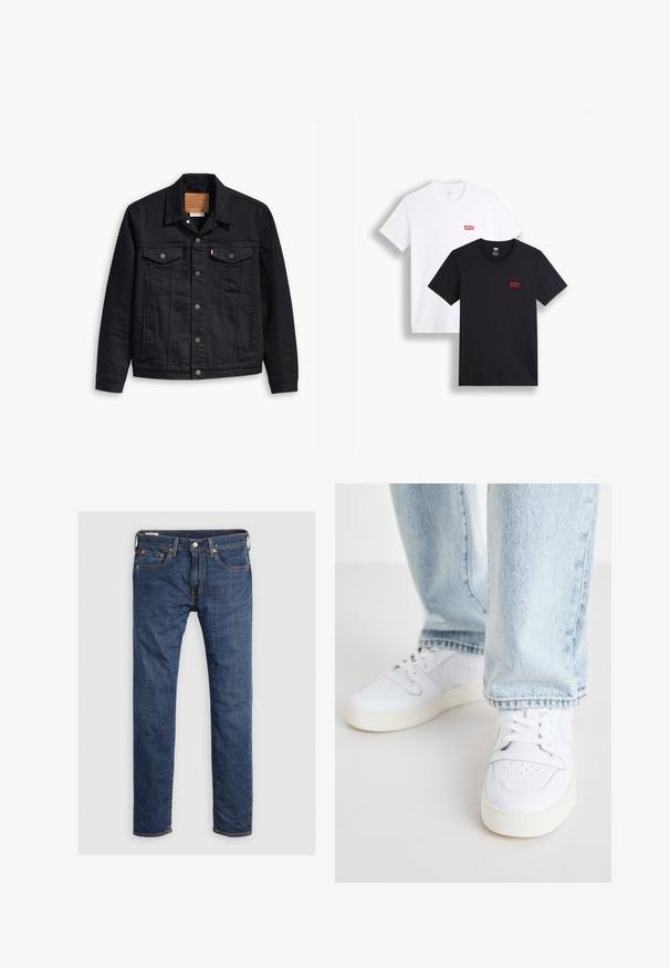 Black denim jacket with a classic collared design, button front closure, two chest pockets, detailed stitching, and a leather brand patch.; Two short-sleeve t-shirts: one white and one black. Both made of cotton with a red Levi's logo on the chest. Simple crew-neck design.; Dark blue denim jeans with a straight-leg cut, featuring a button closure, five pockets, and contrasting orange stitching details.; White leather low-top sneakers with perforated toe, flat laces, and minimalistic design. Paired with light blue denim jeans.