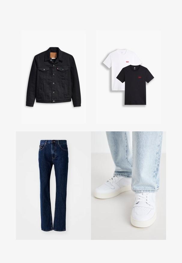 Chaqueta de mezclilla negra con un diseño clásico de cuello, cierre frontal de botones, dos bolsillos en el pecho, costuras detalladas y una etiqueta de marca de cuero.; Dos camisetas de manga corta: una blanca y una negra. Ambas de algodón con un logo rojo de Levi's en el pecho. Diseño simple de cuello redondo.; Vaqueros de mezclilla azul oscuro con un diseño de pierna recta, que cuentan con dos bolsillos frontales y un cierre de botón. Detalles de costura sutil.; Zapatillas bajas de cuero blanco con puntera perforada, cordones planos y diseño minimalista. Combinadas con pantalones vaqueros de mezclilla azul claro.