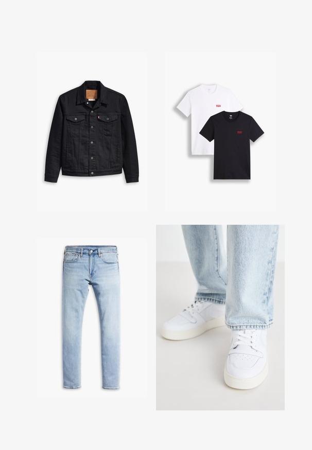 Veste en denim noir avec un design classique à col, fermeture à boutons sur le devant, deux poches poitrine, couture détaillée et une étiquette de marque en cuir.; Deux t-shirts à manches courtes : un blanc et un noir. Tous deux en coton avec un logo rouge de Levi's sur la poitrine. Design simple à col rond.; Jean en denim bleu clair avec une coupe droite, cinq poches, une fermeture à bouton et une légère décoloration, avec des détails de couture le long des coutures.; Baskets basses en cuir blanc avec un bout perforé, des lacets plats et un design minimaliste. Associées à un jean en denim bleu clair.