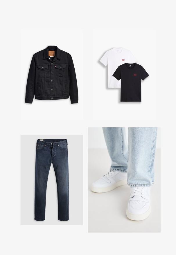 Mustmustükiga musta teksajaki klassikaline kaelus, nööpidega esikinnis, kaks rinna taskut, detailne õmblus ja nahkbrandiga silt.; Kaks lühikeste varrukatega t-särki: üks valge ja teine must. Mõlemad on valmistatud puuvillast ning rinnal on punane Levi's logo. Lihtne ümar kaelus.; Tumed sinised teksad sirge jala lõikega, mis on varustatud tõmbluku ja metallnuppudega ning vasksete nupuvajutustega. Sile tekstuur, nähtavaid mustreid pole.; Valged nahast madala profiiliga spordijalatsid, millel on perforatsiooniga varvas, lame paelad ja minimalistlik disain. Koos helesiniste teksadega.