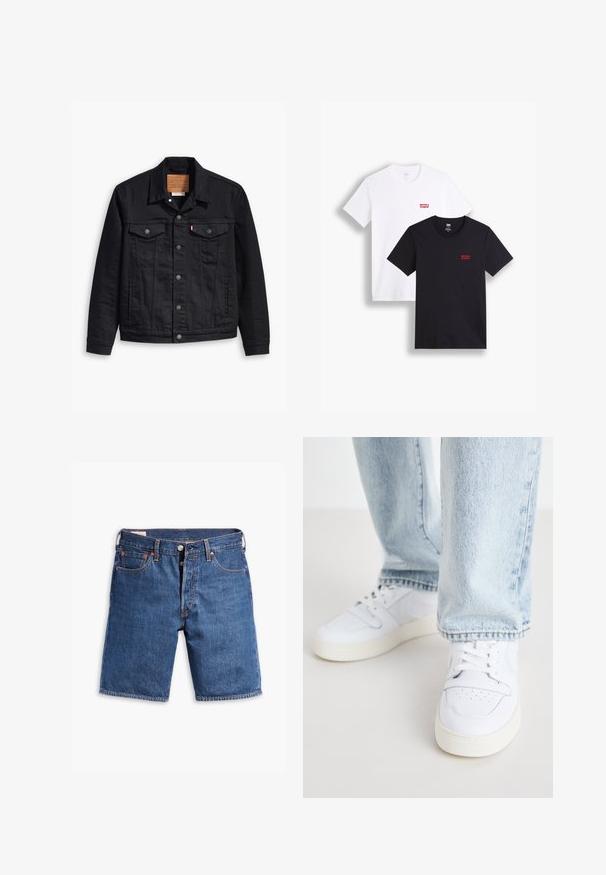 Svart denimjacka med klassisk krage, knappstängning fram, två bröstfickor, detaljerad sömnad och en läderlogg.; Två kortärmade t-shirts: en vit och en svart. Båda är tillverkade av bomull med en röd Levi's-logotyp på bröstet. Enkel design med rund hals.; Jeansshorts i mörkblått med rak skärning, fem-ficksdesign och orange sömmar. Med knappgylf och bältesloopar.; Vita lädersneakers i låg modell med perforerat tåparti, platta snörningar och minimalistisk design. I kombination med ljusblå denimjeans.