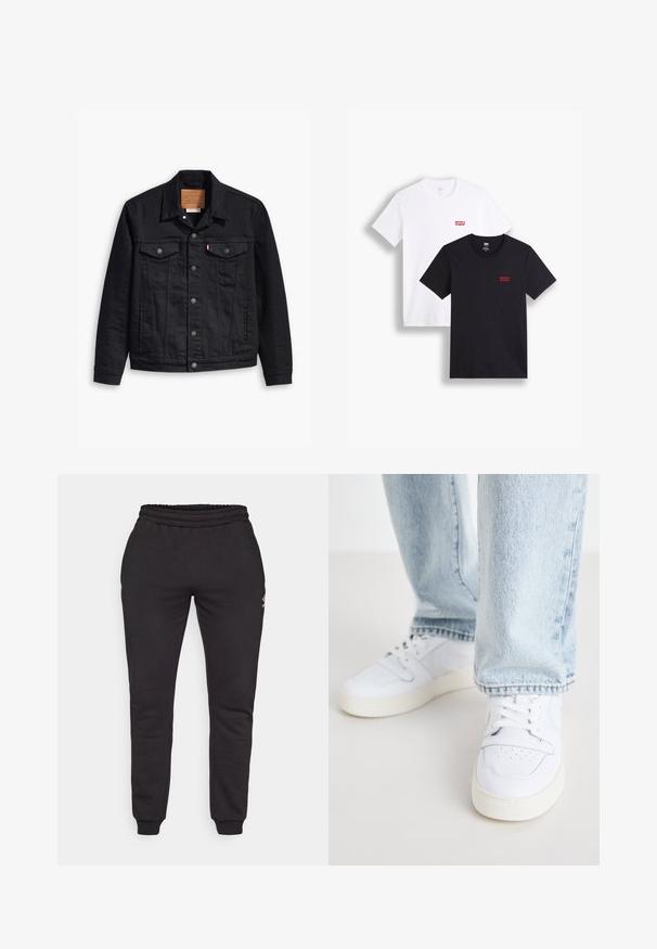 Czarna kurtka dżinsowa z klasycznym kołnierzykiem, zapięciem na guziki, dwiema kieszeniami na piersi, szczegółowym szyciem oraz skórzaną metką z logo.; Dwie koszulki z krótkim rękawem: jedna biała, a druga czarna. Obie wykonane z bawełny z czerwonym logo Levi's na piersi. Prosty design z okrągłym dekoltem.; Czarne dresy wykonane z miękkiej bawełny, z elastycznym pasem, zwężanymi nogawkami i małym logo po lewej stronie.; Białe skórzane sneakersy niskie z perforowanym noskiem, płaskimi sznurowadłami i minimalistycznym designem. Połączone z jasnoniebieskimi dżinsami.