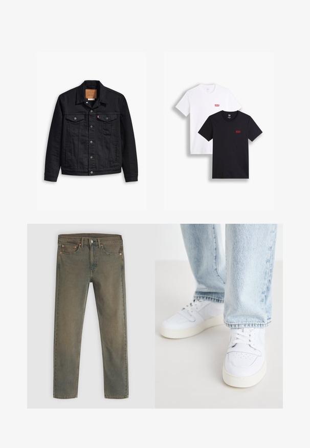 Jaqueta de denim preto com um design clássico de gola, fecho frontal de botão, dois bolsos no peito, costura detalhada e um patch de marca em couro.; Duas t-shirts de mangas curtas: uma branca e uma preta. Ambas feitas de algodão com um logótipo vermelho da Levi's no peito. Design simples de gola redonda.; Calças de ganga verde-escuro com um design de perna reta, cinco bolsos e detalhes em hardware de cobre. A textura desbotada confere uma aparência utilizada.; Sneakers brancos de couro de cano baixo com biqueira perfurada, atacadores planos e design minimalista. Combinados com jeans de ganga de cor azul clara.