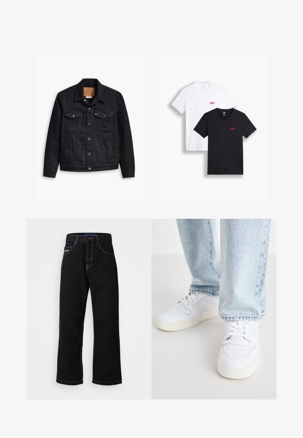 Črna denim jakna s klasičnim ovratnikom, z gumbom spredaj, dvema prsnikoma, podrobnim šivanjem in usnjenim logotipom.; Dve majice s kratkimi rokavi: ena bela in ena črna. Obe iz bombaža s rdečim logotipom Levi's na prsih. Preprost dizajn s krožnim izrezom.; Črne jeans hlače ravnega kroja, ki imajo kontrastne šive in stranski žep. Opazna zelena oznaka je na sprednjem levem žepu.; Bela usnjena nizka športna obutev z perforiranim prstom, ravnimi vezalkami in minimalističnim dizajnom. Ujemajo se z svetlo modrimi kavbojkami.