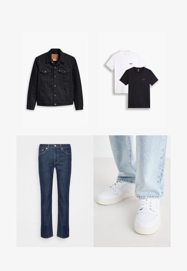 Czarna kurtka dżinsowa z klasycznym kołnierzykiem, zapięciem na guziki, dwiema kieszeniami na piersi, szczegółowym szyciem oraz skórzaną metką z logo.; Dwie koszulki z krótkim rękawem: jedna biała, a druga czarna. Obie wykonane z bawełny z czerwonym logo Levi's na piersi. Prosty design z okrągłym dekoltem.; Ciemnoniebieskie dżinsy proste z pomarańczowymi przeszyciami, posiadające pięć kieszeni oraz zapięcie na guzik i zamek z przodu.; Białe skórzane sneakersy niskie z perforowanym noskiem, płaskimi sznurowadłami i minimalistycznym designem. Połączone z jasnoniebieskimi dżinsami.