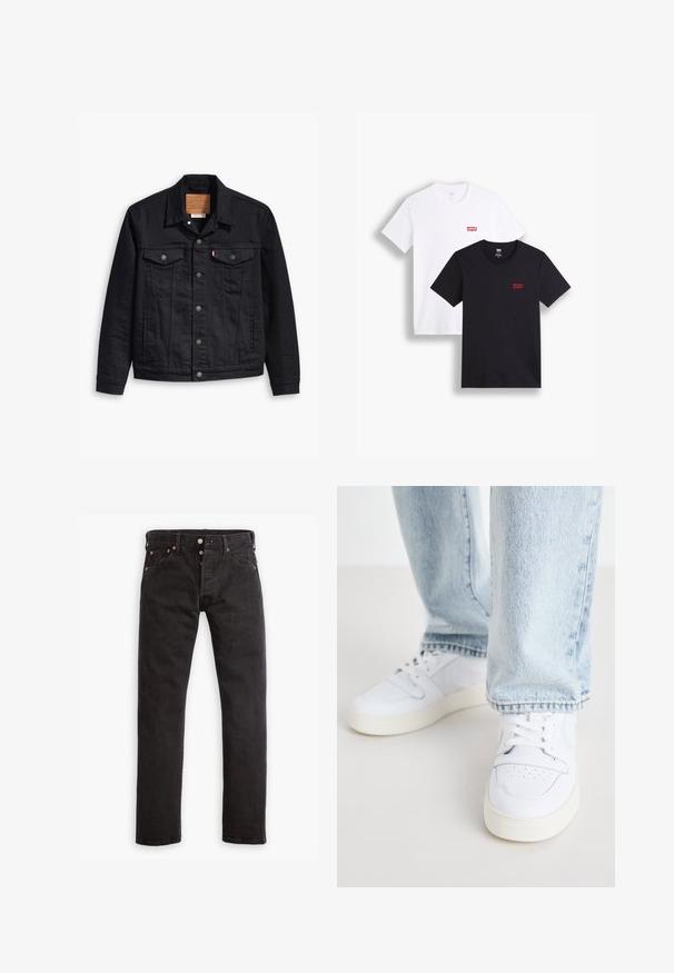 Jacketa din denim negru cu un design clasic cu guler, închidere frontală cu butoane, două buzunare pe piept, cusături detaliate și o etichetă de marcă din piele.; Două tricouri cu mânecă scurtă: unul alb și unul negru. Ambele sunt din bumbac cu un logo roșu Levi's pe piept. Design simplu cu guler rotund.; Jeans negri slim-fit cu închidere cu nasture, cinci buzunare și nituri de cupru, așezați pe un fundal alb.; Sneakers albe din piele, cu partea superioară joasă, vârful perforat, șireturi plate și un design minimalist. Combinat cu blugi din denim albastru deschis.