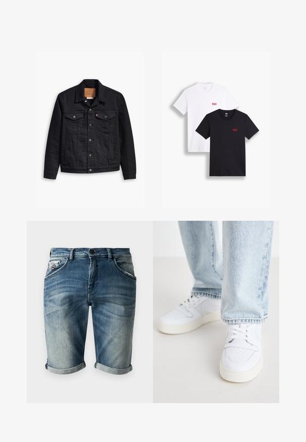 Black denim jacket with a classic collared design, button front closure, two chest pockets, detailed stitching, and a leather brand patch.; Two short-sleeve t-shirts: one white and one black. Both made of cotton with a red Levi's logo on the chest. Simple crew-neck design.; Denim shorts in a faded blue hue with a slightly distressed texture. Features rolled cuffs, front pockets, and a classic button closure.; White leather low-top sneakers with perforated toe, flat laces, and minimalistic design. Paired with light blue denim jeans.