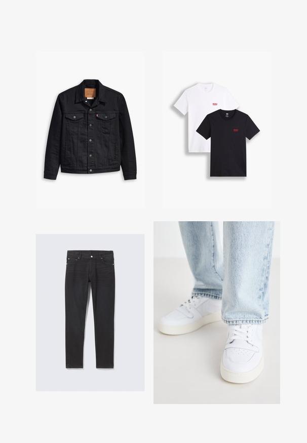 Juodas džinsinis švarkas su klasikinio trajektorijos dizainu, priekyje susagstomas, dviem krūtinės kišenėmis, detaliais siuvinėjimais ir odiniu prekės ženklu.; Du mieli trumpi rankoviai marškiniai: vieni balti, kiti juodi. Abu pagaminti iš medvilnės, su raudona Levi's logotipu ant krūtinės. Paprastas apvalaus kaklo dizainas.; Juodos džinsinės kelnės su lieknu kirpimu, turinčios šonines kišenes, sagą ir subtilius siūlių siuvinėjimus.; Balti odiniai žemi modeliai kedai su perforuota nosimi, plokščiomis raištelėmis ir minimalistiniu dizainu. Suderinti su šviesiai mėlynomis džinsinėmis kelnėmis.