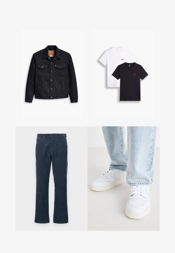 Veste en denim noir avec un design classique à col, fermeture à boutons sur le devant, deux poches poitrine, couture détaillée et une étiquette de marque en cuir.; Deux t-shirts à manches courtes : un blanc et un noir. Tous deux en coton avec un logo rouge de Levi's sur la poitrine. Design simple à col rond.; Pantalons en velours côtelé bleu marine avec une coupe droite, comportant des poches avant, une fermeture à bouton et une texture côtelée subtile.; Baskets basses en cuir blanc avec un bout perforé, des lacets plats et un design minimaliste. Associées à un jean en denim bleu clair.