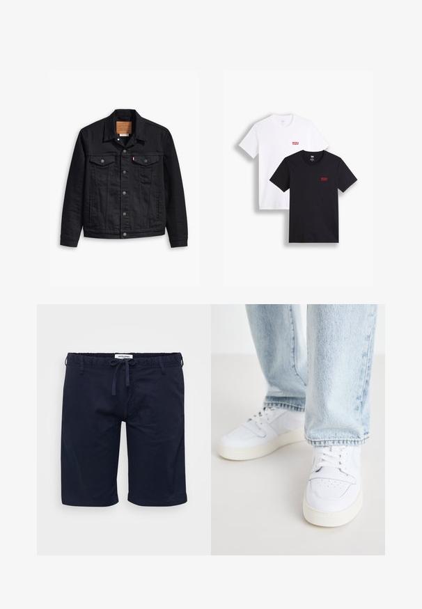 Black denim jacket with a classic collared design, button front closure, two chest pockets, detailed stitching, and a leather brand patch.; Two short-sleeve t-shirts: one white and one black. Both made of cotton with a red Levi's logo on the chest. Simple crew-neck design.; Navy blue shorts with elastic waistband and adjustable drawstring, featuring a relaxed fit and smooth texture.; White leather low-top sneakers with perforated toe, flat laces, and minimalistic design. Paired with light blue denim jeans.