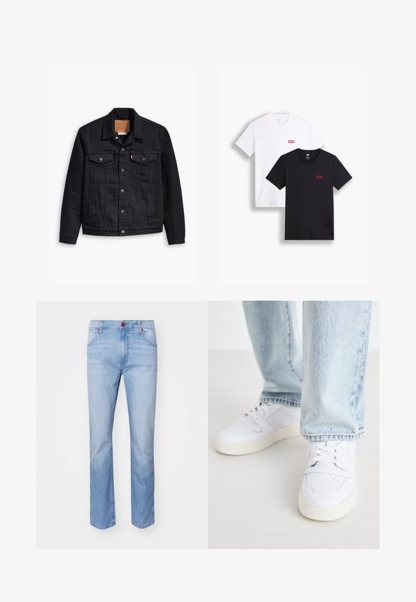 Black denim jacket with a classic collared design, button front closure, two chest pockets, detailed stitching, and a leather brand patch.; Two short-sleeve t-shirts: one white and one black. Both made of cotton with a red Levi's logo on the chest. Simple crew-neck design.; Light blue denim jeans with a straight leg design, featuring front pockets, a button closure, and subtle fading throughout.; White leather low-top sneakers with perforated toe, flat laces, and minimalistic design. Paired with light blue denim jeans.