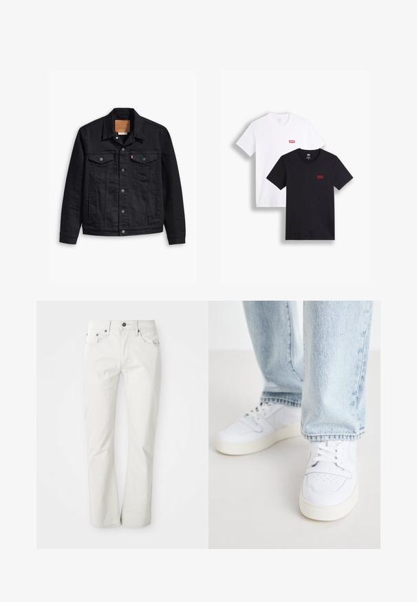 Mustmustükiga musta teksajaki klassikaline kaelus, nööpidega esikinnis, kaks rinna taskut, detailne õmblus ja nahkbrandiga silt.; Kaks lühikeste varrukatega t-särki: üks valge ja teine must. Mõlemad on valmistatud puuvillast ning rinnal on punane Levi's logo. Lihtne ümar kaelus.; Heledad hallide jeanid, mis on valmistatud puuvilla segust. Sirge sääre disain, viis taskut ja metallist nööp sulgemine. Sile tekstuur.; Valged nahast madala profiiliga spordijalatsid, millel on perforatsiooniga varvas, lame paelad ja minimalistlik disain. Koos helesiniste teksadega.