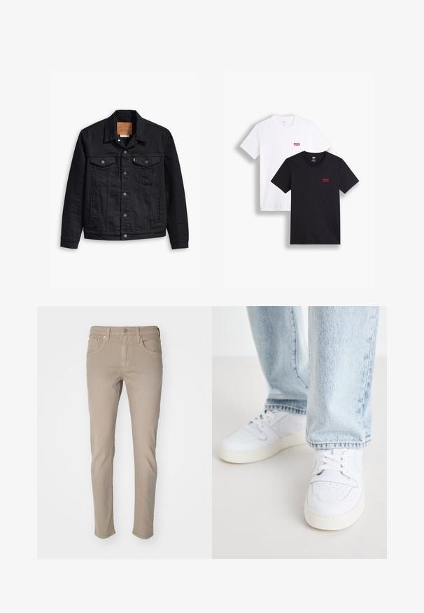Jaqueta de denim preto com um design clássico de gola, fecho frontal de botão, dois bolsos no peito, costura detalhada e um patch de marca em couro.; Duas t-shirts de mangas curtas: uma branca e uma preta. Ambas feitas de algodão com um logótipo vermelho da Levi's no peito. Design simples de gola redonda.; Levi's® 512™ SLIM TAPER - Calças de ganga justas - sand; Sneakers brancos de couro de cano baixo com biqueira perfurada, atacadores planos e design minimalista. Combinados com jeans de ganga de cor azul clara.