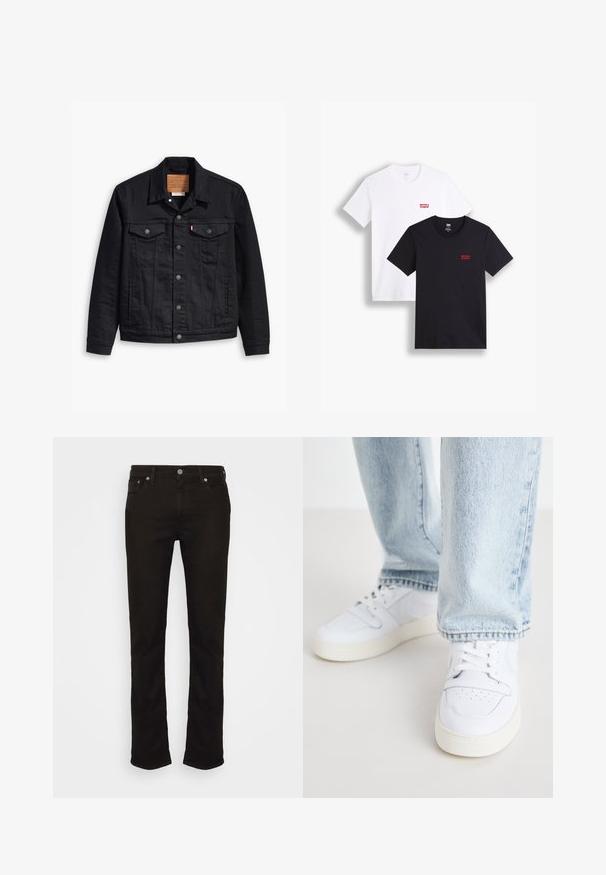 Svart denimjakke med klassisk krage-design, knappelukking foran, to brystlommer, detaljerte sting og et lærmerke.; To korte ermesskjorter: en hvit og en svart. Begge laget av bomull med en rød Levi's-logo på brystet. Enkel rund hals-design.; Svarte denimbukser med rett ben, med et klassisk femlommes design, metallknapplukking og subtile sømdetaljer.; Hvite lær lave sneakers med perforert tå, flate lisser og minimalistisk design. Kombinert med lyseblå denimjeans.