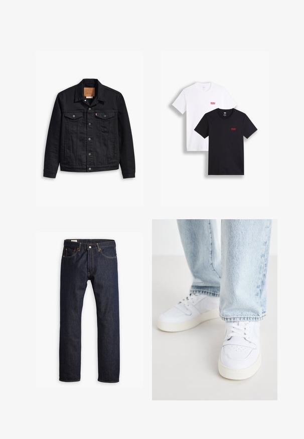 Czarna kurtka dżinsowa z klasycznym kołnierzykiem, zapięciem na guziki, dwiema kieszeniami na piersi, szczegółowym szyciem oraz skórzaną metką z logo.; Dwie koszulki z krótkim rękawem: jedna biała, a druga czarna. Obie wykonane z bawełny z czerwonym logo Levi's na piersi. Prosty design z okrągłym dekoltem.; Ciemnoniebieskie dżinsy o prostym kroju, z pomarańczowymi przeszyciami i pięcioma kieszeniami, zapinane na metalowy guzik.; Białe skórzane sneakersy niskie z perforowanym noskiem, płaskimi sznurowadłami i minimalistycznym designem. Połączone z jasnoniebieskimi dżinsami.