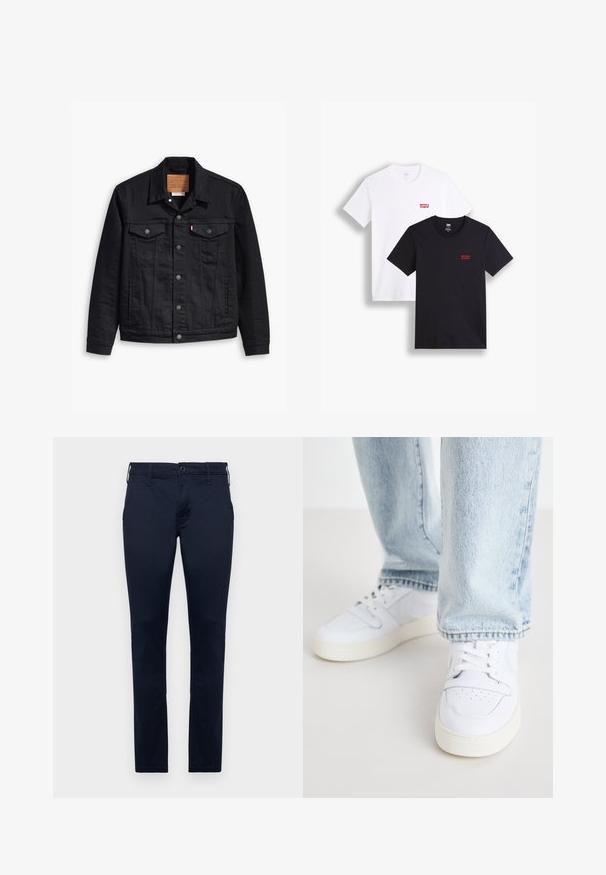 Svart denimjacka med klassisk krage, knappstängning fram, två bröstfickor, detaljerad sömnad och en läderlogg.; Två kortärmade t-shirts: en vit och en svart. Båda är tillverkade av bomull med en röd Levi's-logotyp på bröstet. Enkel design med rund hals.; Marinblå bomullsbyxor med rak bensnitt, standard midja och femfickorsdesign. Slät textur med minimal sömdetalj.; Vita lädersneakers i låg modell med perforerat tåparti, platta snörningar och minimalistisk design. I kombination med ljusblå denimjeans.