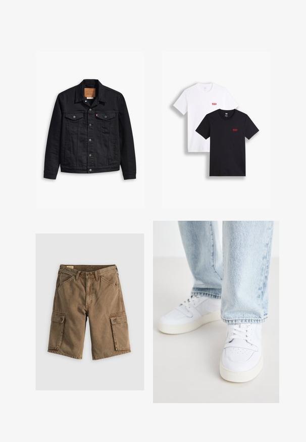 Fekete farmerdzseki klasszikus galléros kialakítással, gombos elülső zárással, két mellzsebbel, részletes varrással és bőr márkajelzéssel.; Két rövid ujjú póló: az egyik fehér, a másik fekete. Mindkettő pamutból készült, a mellkason piros Levi's logóval. Egyszerű, környakú kialakítás.; Barna vászon cargo rövidnadrág, két oldalzsebbel, melyek fedéllel záródnak, gombos derékrésszel és laza szabással. Sima textúra.; Fehér bőr alacsony szárú sportcipők perforált orral, lapos fűzőkkel és minimalista kialakítással. Világoskék farmernadrággal párosítva.