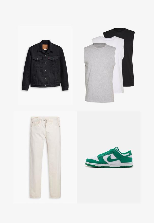 Black denim jacket with a classic collared design, button front closure, two chest pockets, detailed stitching, and a leather brand patch.; Three sleeveless t-shirts in gray, white, and black. Soft cotton material with a crew neck and relaxed fit. Simple design, no patterns.; Off-white high-rise slim-fit jeans with button fly, five pockets, and copper rivets, laid flat on a white background.; Green and white Nike Dunk sneaker with smooth leather upper, perforated toe, green laces, and rubber sole featuring a textured pattern.