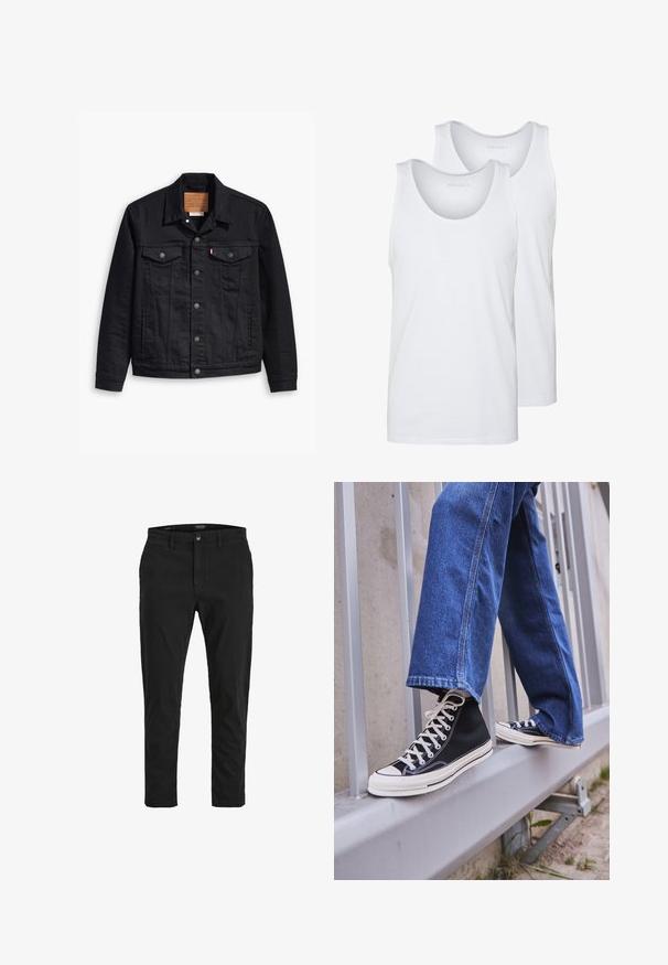 Giacca in denim nera con un design classico con colletto, chiusura frontale a bottoni, due tasche sul petto, cuciture dettagliate e una patch in pelle con il marchio.; Canottiere bianche in cotone con scolli arrotondati, caratterizzate da una texture liscia. Due pezzi esposti, etichettati "PIER ONE".; Chino neri con vestibilità slim, realizzati in cotone. Presentano una chiusura con bottone, tasche frontali e una texture liscia. Design pulito senza motivi.; Scarpe da ginnastica nere alte con suola e lacci bianchi, abbinate a jeans di denim blu larghi, appoggiate su un parapetto grigio.