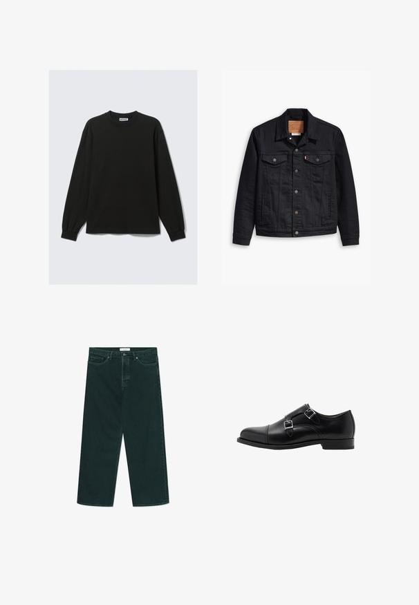 Zwarte denimjas met een klassiek kraagontwerp, knopen sluiting aan de voorkant, twee borstzakken, gedetailleerde stiksels en een leren merkpatch.; Zwart katoenen T-shirt met lange mouwen, voorzien van een ronde halslijn en geribbelde manchetten, met een rechte zoom en minimale steekdetails.; Donkergroene spijkerbroek met wijdere pijpen, voorzien van een knoop- en ritsclosure, voorzakken en riemlussen, plat gelegd op een witte achtergrond.; Zwarte leren dubbele monkstrap-schoenen met een ronde neus en zilveren gespen. De gladde textuur en de platte hak zorgen voor stabiliteit.