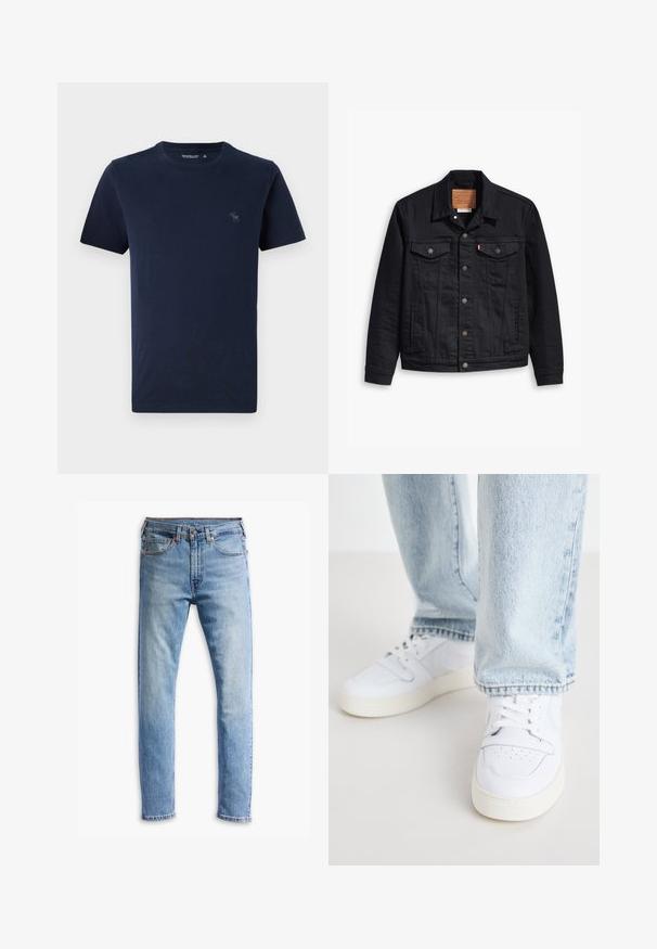 Mustat farkkuhuppu, jossa on klassinen kauluskainalomuotoilu, nappikiinnitys edessä, kaksi rintataskua, yksityiskohtainen ompelu ja nahkabränditunnus.; Laivamera linen t-paita, jossa on lyhyet hihat ja pyöreä kaula-aukko. Vasemmassa rinnassa on pieni brodeerattu peura-logo. Vaahtomainen pinta.; Vaaleansiniset farkut, joissa on suora leikkaus, viisi taskua, napitus ja hienovaraista haalistumista kankaassa.; Valkoiset nahkakengät matalalla varrella, joissa on reikäkärkinen muotoilu, litteät nauhat ja minimalistinen design. Yhdistetty vaaleansinisiin farkkuihin.