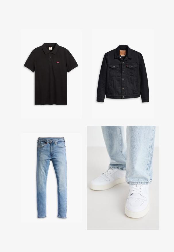 Jaqueta de denim preto com um design clássico de gola, fecho frontal de botão, dois bolsos no peito, costura detalhada e um patch de marca em couro.; Camisa polo preta feita de algodão, com uma textura suave, três botões no colarinho e um pequeno logótipo vermelho da Levi's no peito.; Jeans de denim azul claro com um corte straight, cinco bolsos, fecho de botão e um desbotamento sutil por toda a peça.; Sneakers brancos de couro de cano baixo com biqueira perfurada, atacadores planos e design minimalista. Combinados com jeans de ganga de cor azul clara.