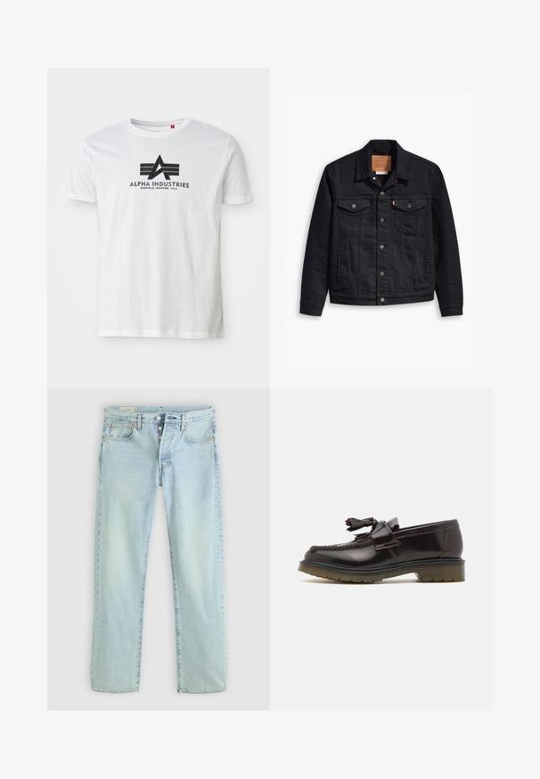 Jaqueta de denim preto com um design clássico de gola, fecho frontal de botão, dois bolsos no peito, costura detalhada e um patch de marca em couro.; Camiseta branca de algodão com um logótipo gráfico preto apresentando um "A" e duas riscas horizontais, rotulada "Alpha Industries" e detalhes de localização abaixo.; Calças de ganga azul claras com corte reto, cinco bolsos, fecho de botão e desbotamento subtil. Apresenta detalhes de costura e rebites de cobre.; Mocassins de couro castanho com um design trançado, detalhe de franjas e uma sola de borracha plana. Apresentam um acabamento suave e costuras em contraste.
