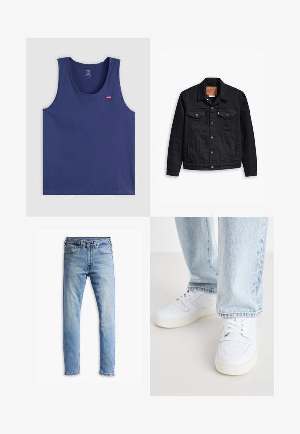 Mustmustükiga musta teksajaki klassikaline kaelus, nööpidega esikinnis, kaks rinna taskut, detailne õmblus ja nahkbrandiga silt.; Tumesinist värvi puuvillane tank-top, millel on ümargune kaelus ja väike punane Levi's logo rinnal. Sile tekstuur, standardmõõdus lõige.; Heledad sinine teksapüksid, sirge lõikega disain, viie taskuga, nööpkinnitus ja mõõdukas pleekimine kogu kangas.; Valged nahast madala profiiliga spordijalatsid, millel on perforatsiooniga varvas, lame paelad ja minimalistlik disain. Koos helesiniste teksadega.
