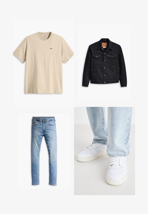 Mustmustükiga musta teksajaki klassikaline kaelus, nööpidega esikinnis, kaks rinna taskut, detailne õmblus ja nahkbrandiga silt.; Beez väestik T-särk lühikeste varrukatega, ümar kaelus ja väike punane Levi's logo vasakul rinnal. Sile tekstuur, mugav lõige.; Heledad sinine teksapüksid, sirge lõikega disain, viie taskuga, nööpkinnitus ja mõõdukas pleekimine kogu kangas.; Valged nahast madala profiiliga spordijalatsid, millel on perforatsiooniga varvas, lame paelad ja minimalistlik disain. Koos helesiniste teksadega.