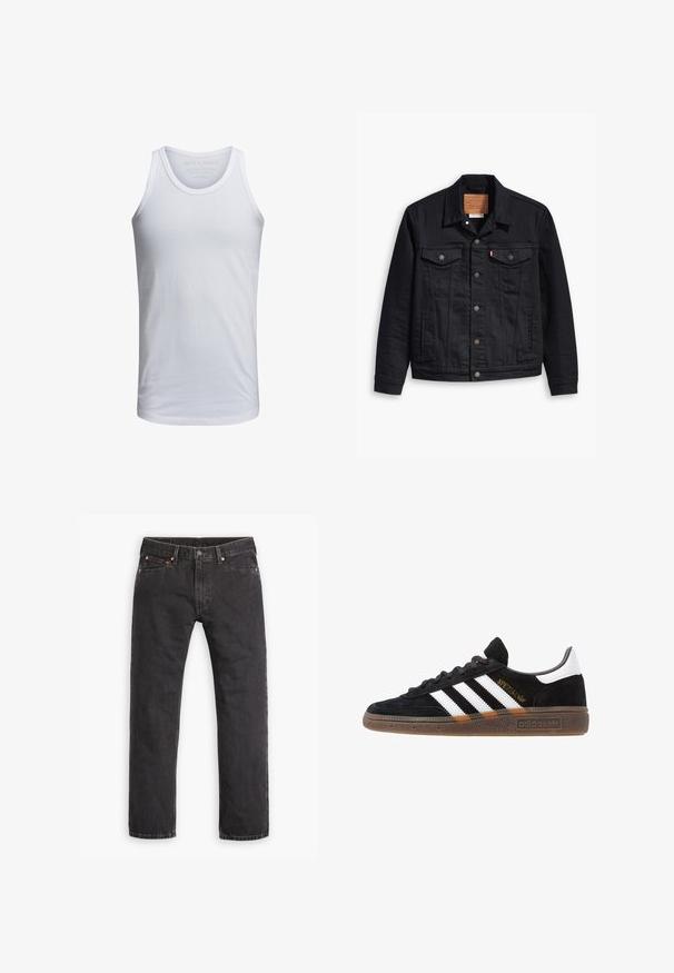 Mustat farkkuhuppu, jossa on klassinen kauluskainalomuotoilu, nappikiinnitys edessä, kaksi rintataskua, yksityiskohtainen ompelu ja nahkabränditunnus.; Valkoinen puuvillatankkitoppi, jossa on pyöreä kaula-aukko, leveät olkaimet ja vähäistä brändäystä painettuna kauluksen sisäpuolelle. Pehmeä rakenne, rento istuvuus.; Mustat suorat farkut viidellä taskulla, napilla suljettavia ja kupaririveillä, asetettuna tasaisesti valkoista taustaa vasten.; Mustat Adidas-nikeset, joissa on valkoiset raidat, kultaiset "Spezial"-tekstiset, kumipohja ja valkoinen kantapää, esitetty sivuprofiilissa.