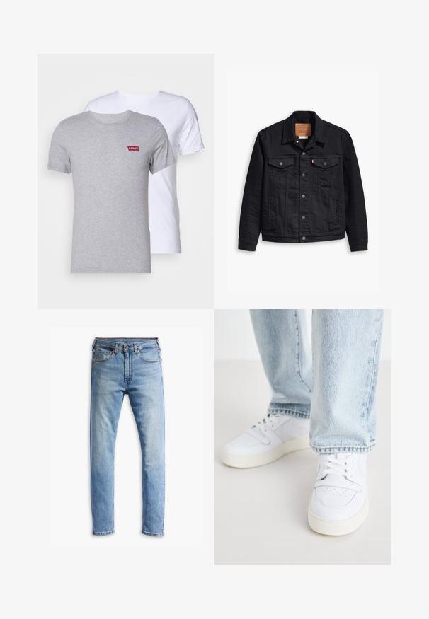 Juodas džinsinis švarkas su klasikinio trajektorijos dizainu, priekyje susagstomas, dviem krūtinės kišenėmis, detaliais siuvinėjimais ir odiniu prekės ženklu.; Pilkos ir baltos medvilninės marškinėliai. Apvalios kaklo iškirpės dizainas su trumpomis rankovėmis. Pilkas marškinėlis turi mažą raudoną Levi's logotipą krūtinės srityje.; Šviesiai mėlynos džinsinės kelnės su tiesiu kirpimu, penkiomis kišenėmis, mygtukų uždarymu ir subtiliu išblukimu per audinį.; Balti odiniai žemi modeliai kedai su perforuota nosimi, plokščiomis raištelėmis ir minimalistiniu dizainu. Suderinti su šviesiai mėlynomis džinsinėmis kelnėmis.