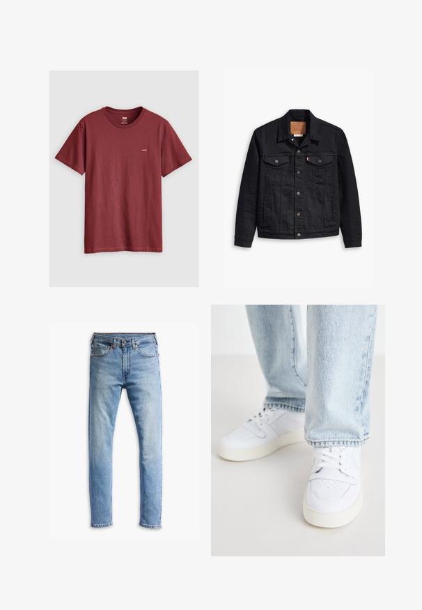 Černá džínová bunda s klasickým límečkovým designem, zapínáním na knoflíky vpředu, dvěma náprsními kapsami, podrobným prošíváním a koženou značkovou nášivkou.; Bordový krátký rukáv tričko vyrobené z bavlny; má kulatý výstřih a malou štítek s logem na levé straně hrudi. Hladká textilie.; Světle modré džíny z denimu s rovně střiženým designem, pěti kapsami, zapínáním na knoflík a jemným blednutím po látce.; Bílé kožené tenisky nízkého střihu s perforovaným špičkou, plochými tkaničkami a minimalistickým designem. Spárovány s světle modrými denimovými džíny.