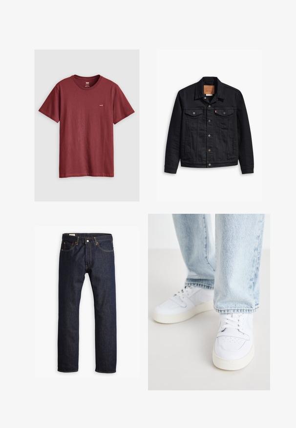 Jacketa din denim negru cu un design clasic cu guler, închidere frontală cu butoane, două buzunare pe piept, cusături detaliate și o etichetă de marcă din piele.; Tricou scurt de culoare marsala din bumbac; are un guler rotund și un mic etichetă cu logo pe partea stângă a pieptului. Textură netedă.; Jeanși din denim albastru închis, cu un design cu picior drept, cusături portocalii și un stil cu cinci buzunare, dotat cu închidere cu buton metalic.; Sneakers albe din piele, cu partea superioară joasă, vârful perforat, șireturi plate și un design minimalist. Combinat cu blugi din denim albastru deschis.