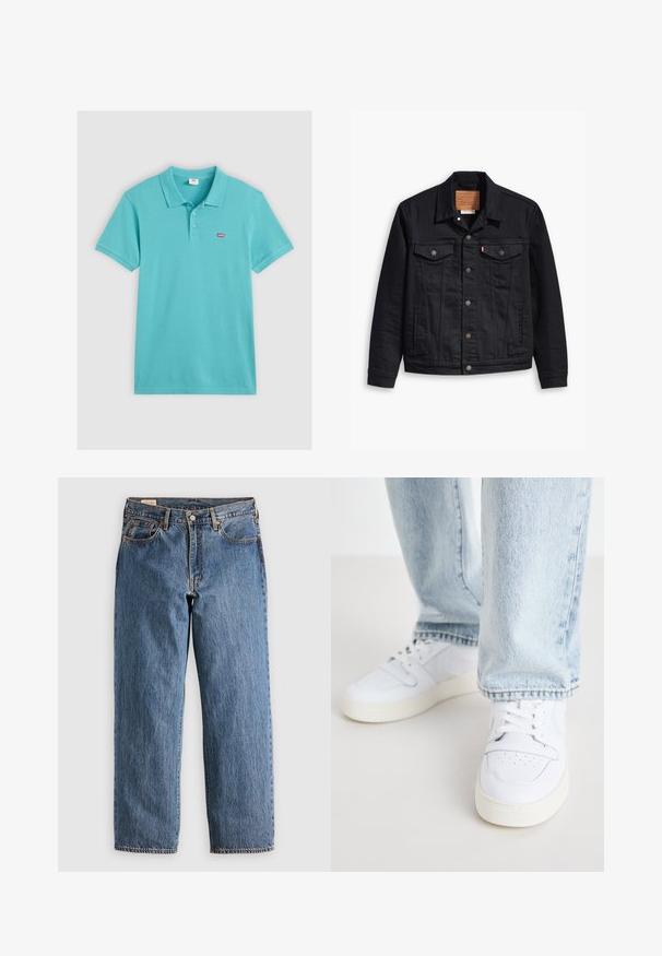 Jaqueta de denim preto com um design clássico de gola, fecho frontal de botão, dois bolsos no peito, costura detalhada e um patch de marca em couro.; Camisa polo turquesa em algodão, com gola, três botões e um pequeno logótipo da Levi's em vermelho no peito.; Blue jeans de denim com um corte reto, apresentando uma cintura alta, rebites em cobre e costura laranja. Inclui bolsos frontais e traseiros.; Sneakers brancos de couro de cano baixo com biqueira perfurada, atacadores planos e design minimalista. Combinados com jeans de ganga de cor azul clara.