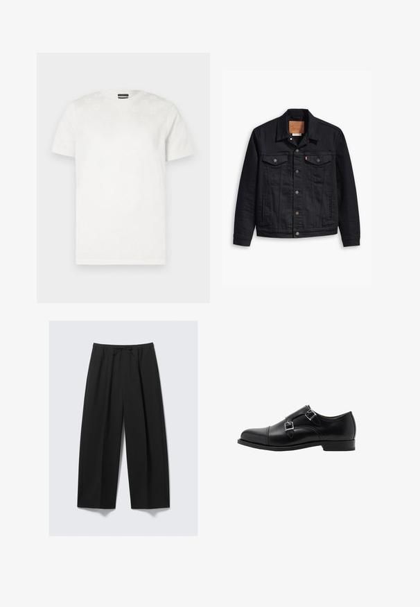 Schwarze Denimjacke mit klassischem Kragendesign, Knopfleiste, zwei Brusttaschen, detaillierter Stickerei und einem Leder-Logo-Patch.; Weißes Baumwoll-T-Shirt mit kurzen Ärmeln, das ein dezentes strukturiertes Muster an der oberen Vorderseite aufweist. Rundhalsausschnitt, normale Passform.; Schwarze weit geschnittene Hose aus leichtem Stoff, mit einem elastischen Bund und Kordelzug sowie ohne sichtbare Taschen.; Schwarze Leder-Doppel-Monk-Schuhe mit runder Spitze und silbernen Schnallen. Die glatte Textur und der flache Absatz bieten Stabilität.