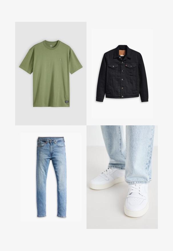 Juodas džinsinis švarkas su klasikinio trajektorijos dizainu, priekyje susagstomas, dviem krūtinės kišenėmis, detaliais siuvinėjimais ir odiniu prekės ženklu.; Alyvuogių žalios spalvos medvilnės marškinėliai su apvalia iškirpte ir trumpomis rankovėmis. Krepšyje yra mažas, subtilus logotipo ženkliukas ant krūtinės ir audinės prekės ženklo etiketė ant hem.; Šviesiai mėlynos džinsinės kelnės su tiesiu kirpimu, penkiomis kišenėmis, mygtukų uždarymu ir subtiliu išblukimu per audinį.; Balti odiniai žemi modeliai kedai su perforuota nosimi, plokščiomis raištelėmis ir minimalistiniu dizainu. Suderinti su šviesiai mėlynomis džinsinėmis kelnėmis.