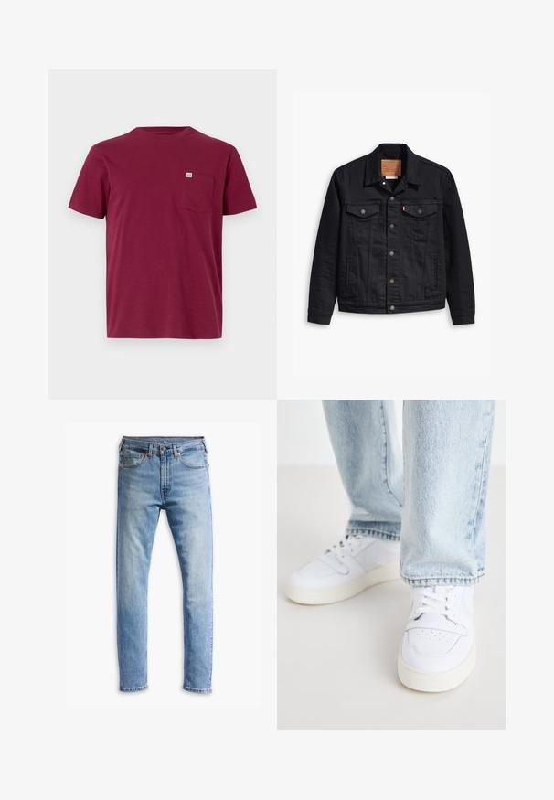 Mustmustükiga musta teksajaki klassikaline kaelus, nööpidega esikinnis, kaks rinna taskut, detailne õmblus ja nahkbrandiga silt.; Burgundia puuvillane t-särk, millel on ümar kaelus, lühikesed varrukad ja vasakpoolne rinna tasku. Taskul on väike brändisilt.; Heledad sinine teksapüksid, sirge lõikega disain, viie taskuga, nööpkinnitus ja mõõdukas pleekimine kogu kangas.; Valged nahast madala profiiliga spordijalatsid, millel on perforatsiooniga varvas, lame paelad ja minimalistlik disain. Koos helesiniste teksadega.